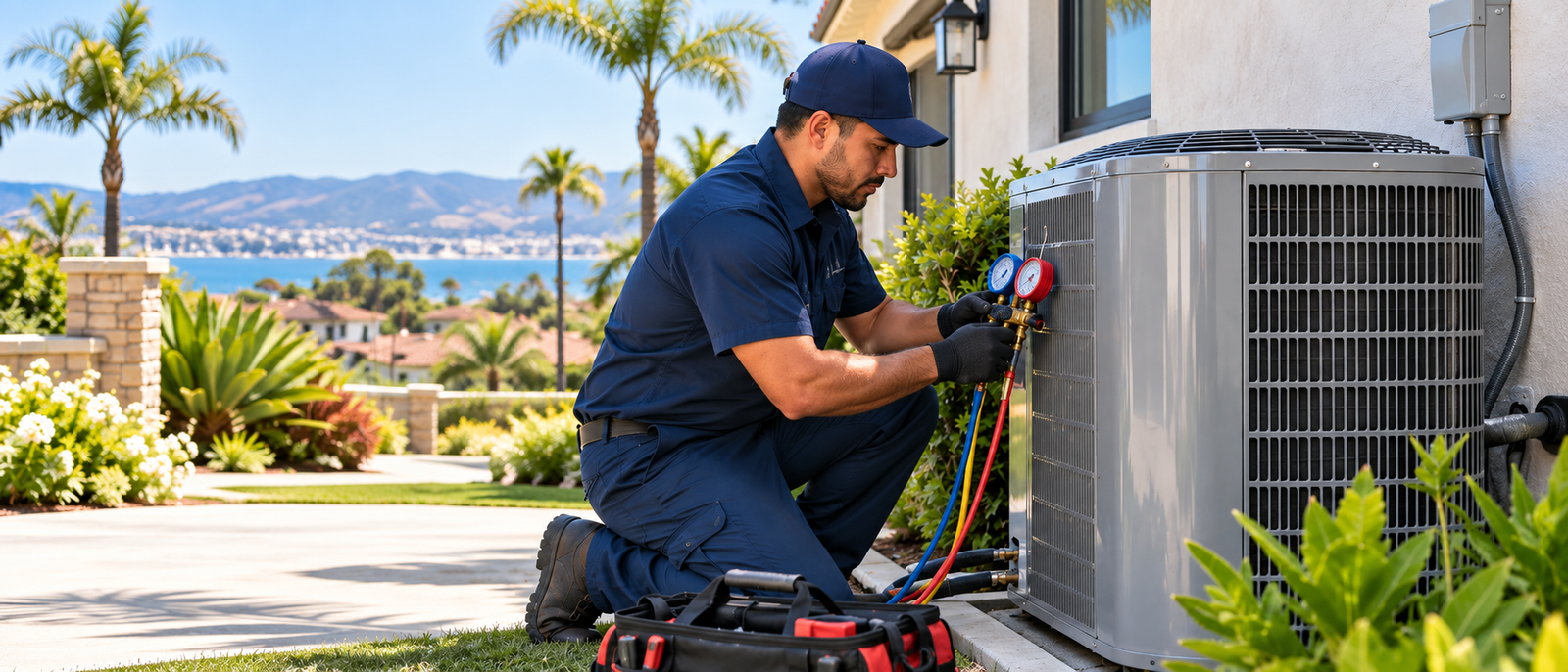 Professional HVAC technician servicing a residential air conditioning system